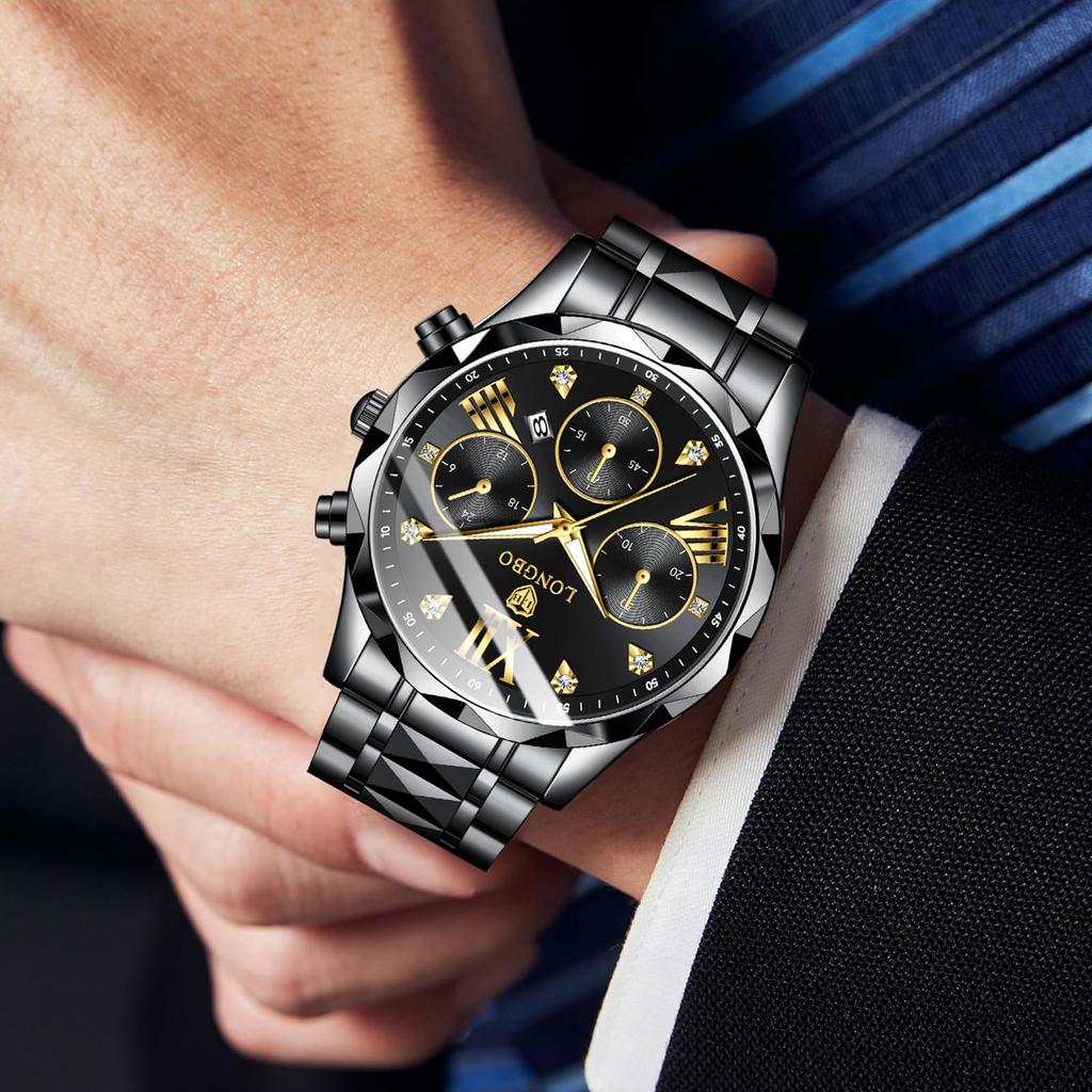 Stylish Men's Chronograph Wristwatch, Men's Business Quartz Movement, Stainless Steel Band, Sapphire Crystal, Waterproof, Luminous Blue, Best Gift