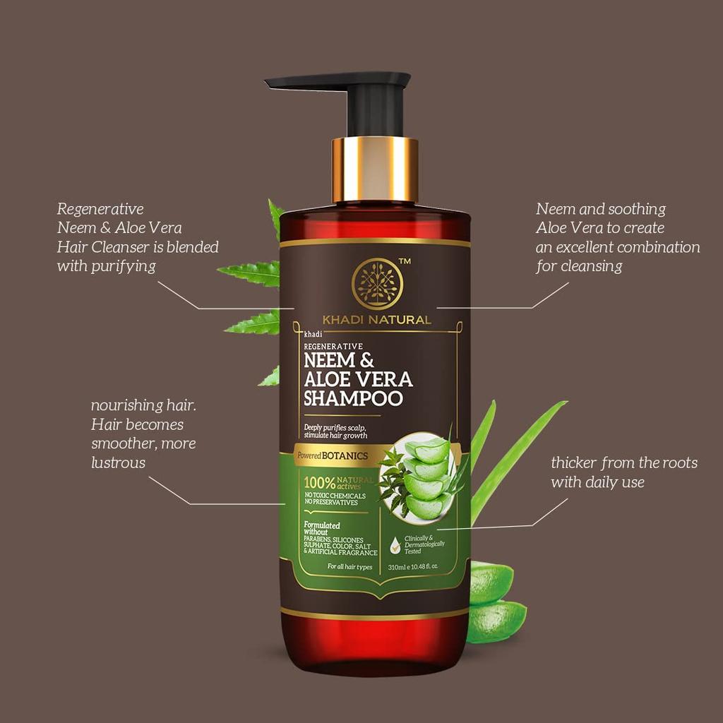 KHADI NATURAL Neem & Aloe Vera Shampoo For Hair Growth And Scalp Care Paraben Free For All Hair Types 310 Ml