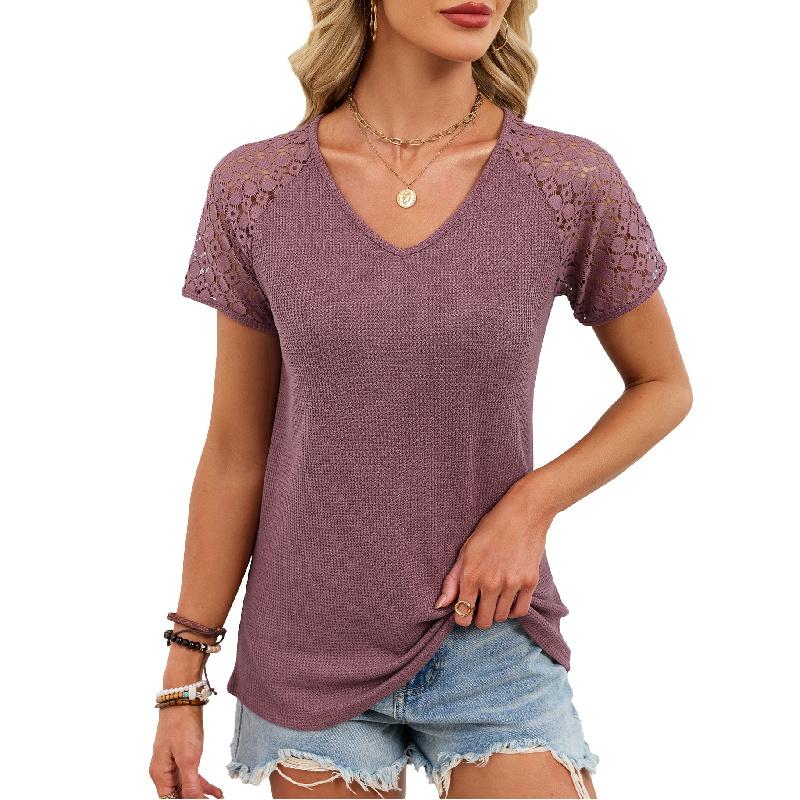 2026 Spring/Summer New Solid Color V-Neck Loose Lace Short-Sleeve T-Shirt for Women