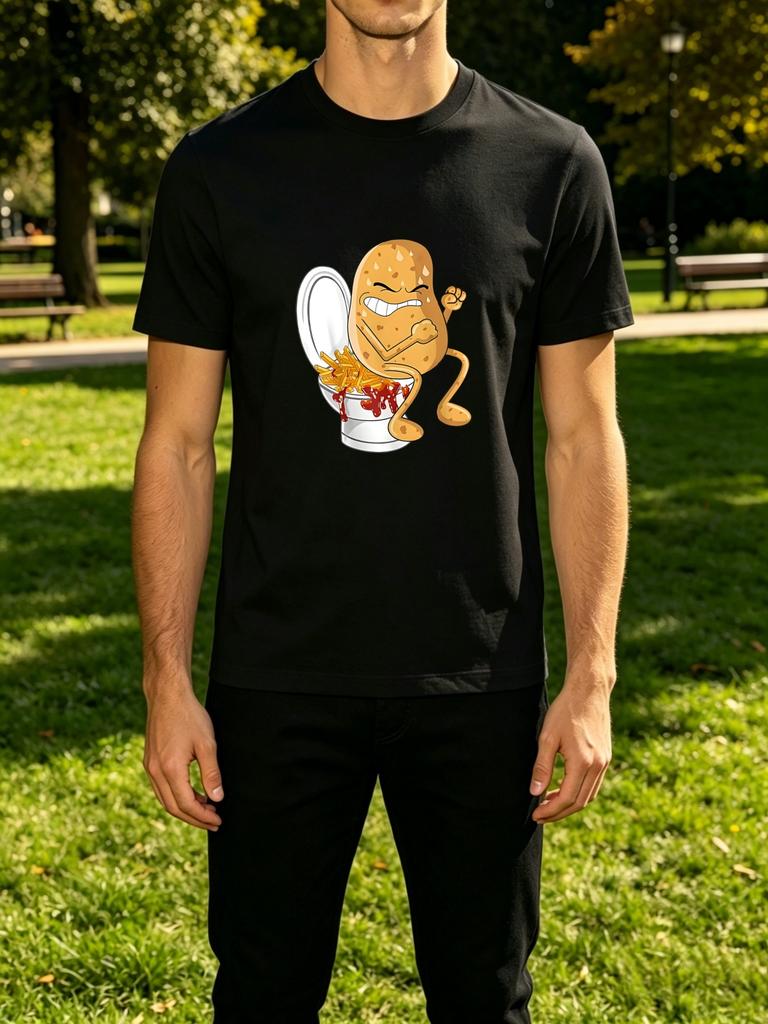 Funny Potato Pooping Fries Toilet Cartoon Front Graphic Print Unisexs Crew Neck Short Sleeve Tee Casual Daily Soft Basic Wear Top