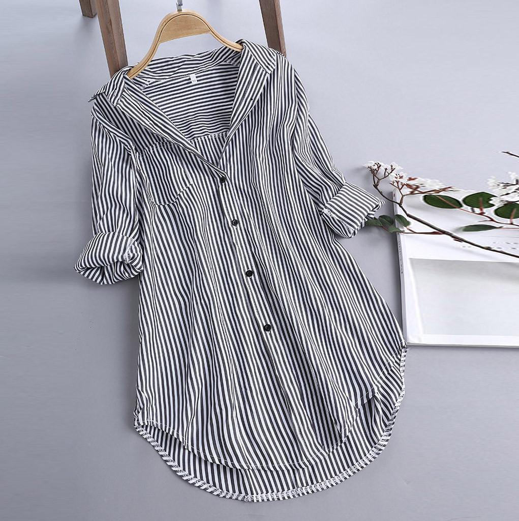 Women's Striped Shirt with Long Sleeves and Turn Down Collar with Buttons Loose Top Shirt Blouse