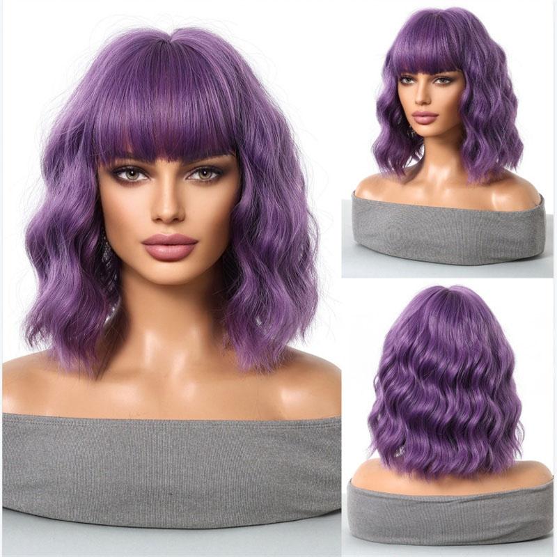 Premium Synthetic Women Short Orange Wavy Wig with Bangs Anime Cosplay Costume Wave Curly Wigs Drag Wig Carnival Party