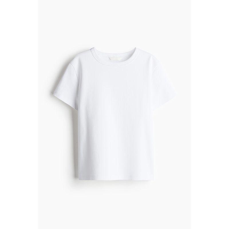 

Женская футболка HM 2025 Лето Новинка Рубчик круглый вырез короткий рукав Свободный Повседневный и Удобный Хлопковый Топ 1264833 White 155/80(XS)