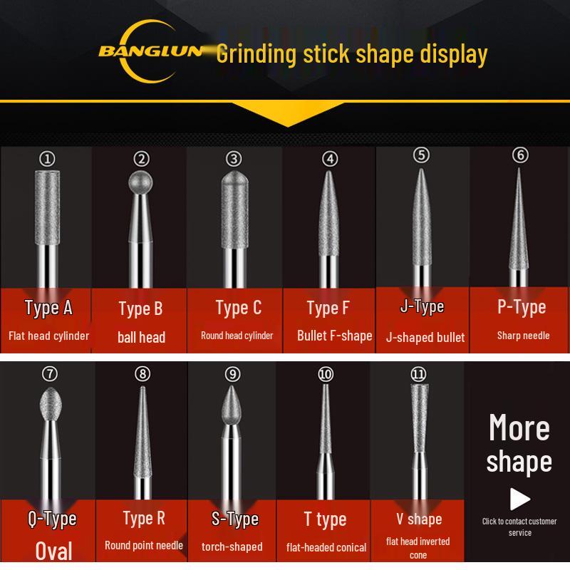 Banglun Diamond 3mm Alloy Grinding Head Set: Jade Carving, Cylindrical, Conical, Ball Needles