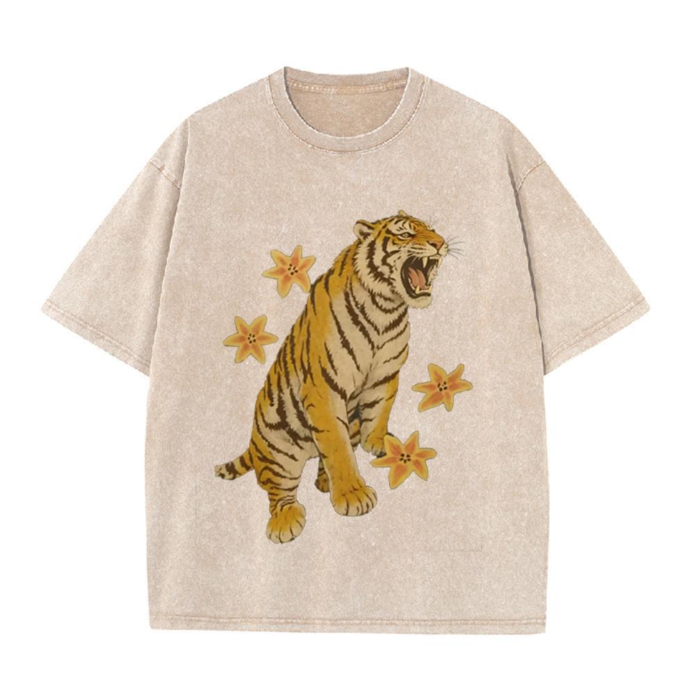 2026 Vintage Washed Black Roaring Tiger Flower Graphic T Shirt Oriental Animal Oversized Loose Streetwear Casual Short Sleeve Te