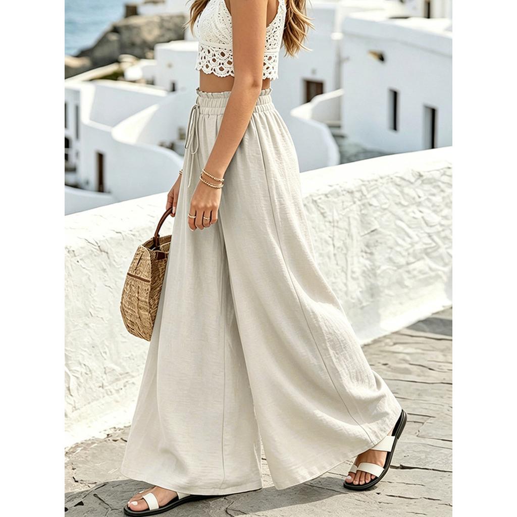 Women Loose Wide Leg Pants Elastic Waist Drawstring Trousers Casual Vacation Straight Leg Palazzo Pants