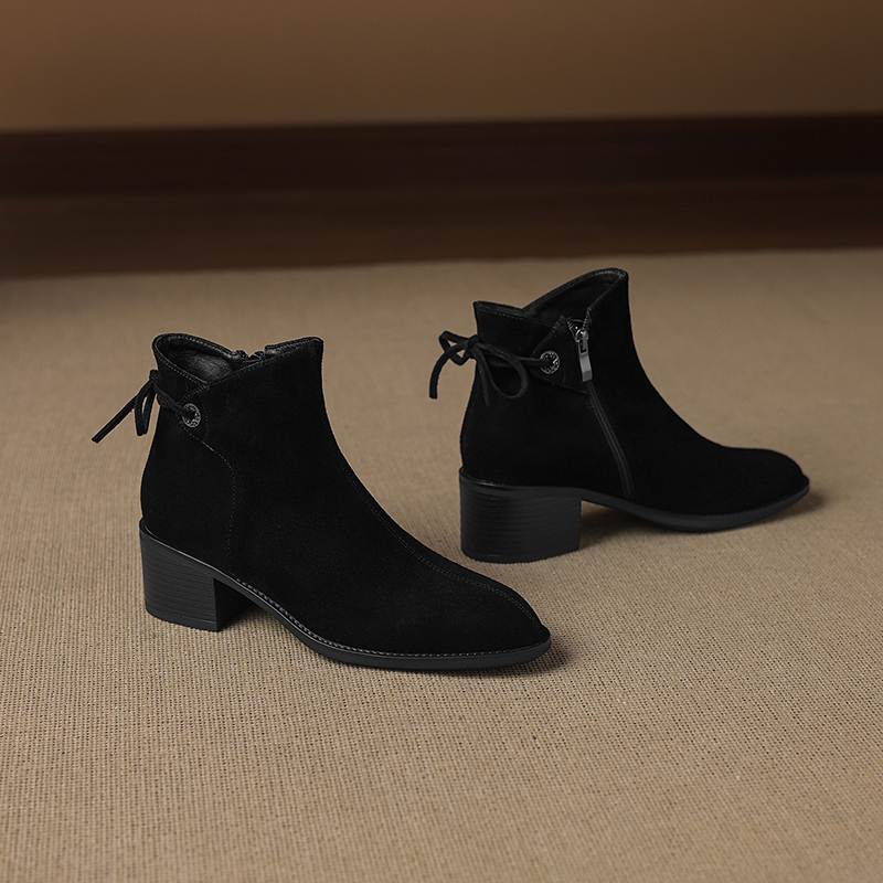Krazing Pot Cow Suede Nubuck Round Toe Thick Heels Chelsea Boots Size 42 Slip on Women Butterfly-knot Ankle Boots