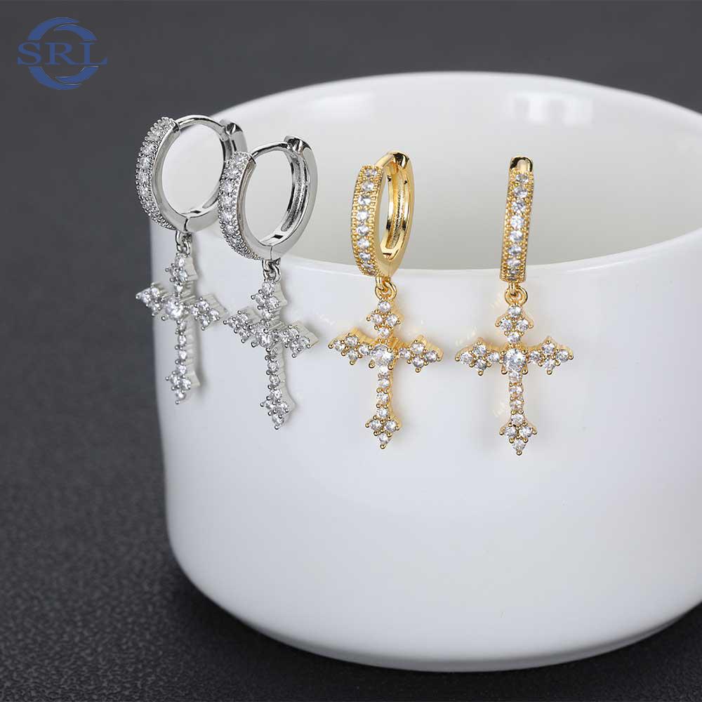 Luxury Cubic Zirconia Huggie Cross Earrings Hip Hop Icy Bling Jewelry Geometric Shape Gift Made Brass 18k