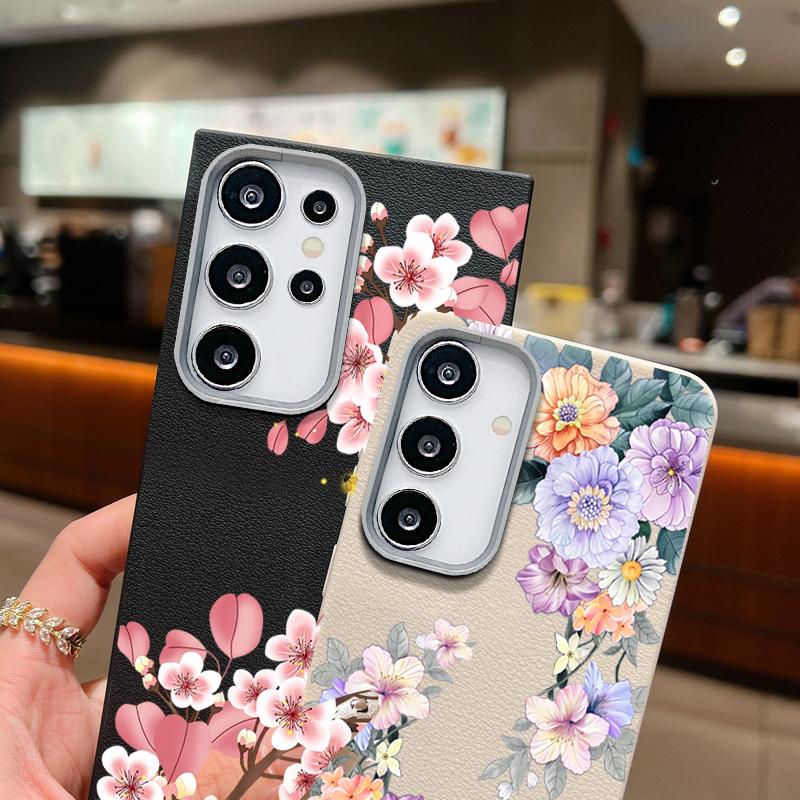 Color Floral Print Matte Leather Texture Phone Case For Samsung S25 S24 FE S23 Ultra S22 S21 A16 A56 A36 A15 A55 A35 Soft Slim TPU Shockproof  Cover