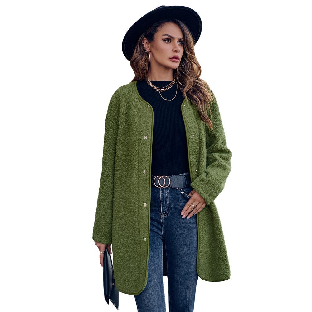 Women's Round Neck Coat Casual Fleece Coat Vintage Solid Color Long Sleeve Single Breasted for Office Party