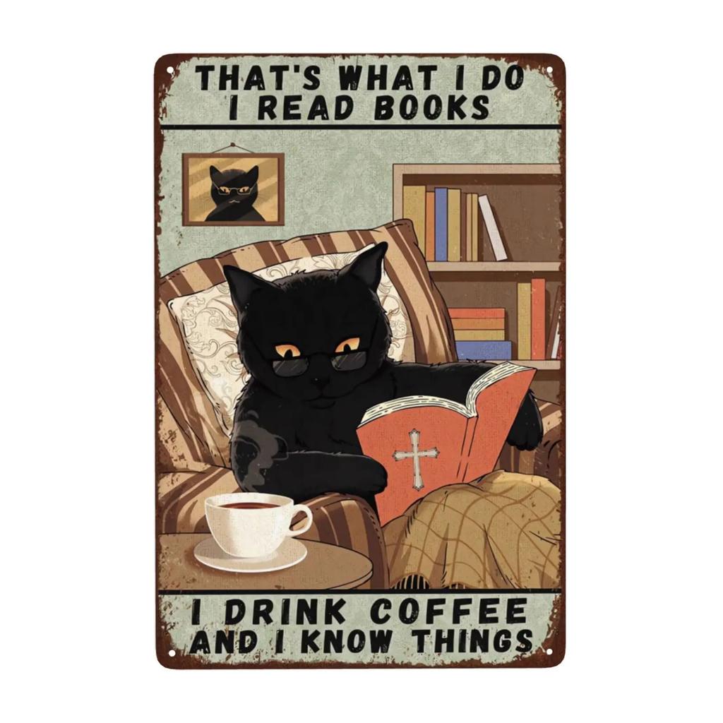 1pc Retro Cat Coffee Metal Sign Vintage A Coffee A Day Keeps The Grumpy Away for Home Coffee Shop Bar Wall Decor 8x12 Inch
