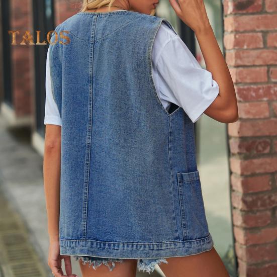 Dame dongerivest V-hals Ermeløse patchlommer Enkeltspent cardigan Ensfarget Uformell Ermeløs Streetwear damevest