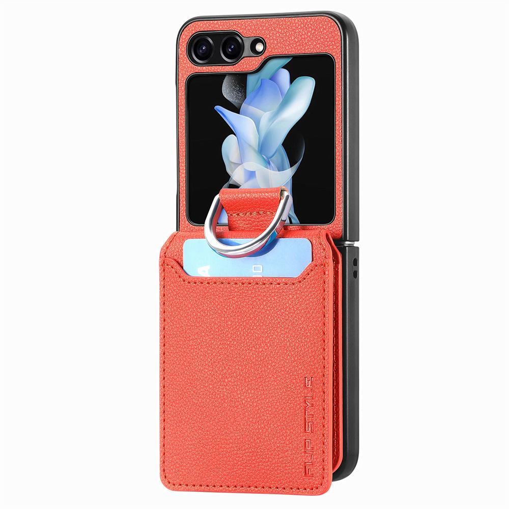 Custodia Portafoglio in Pelle con Motivo Litchi per Samsung Z Flip 5 4 3 2 7 Porta Carte Copertura per Galaxy Z Flip 4 6 Anello per Dita Custodia Morbida