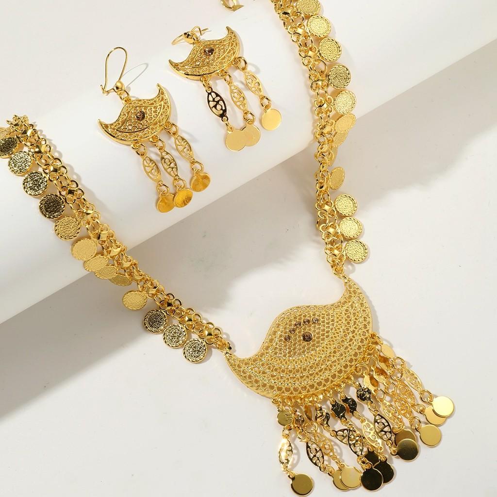 Trendy Alloy Gold Jewelry Collection With Hollow Coin Necklace And Earrings For Wear Casual