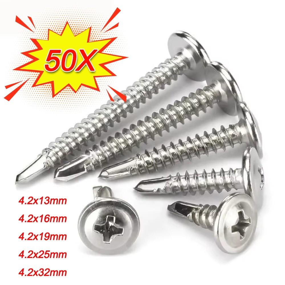 50PCS Stainless Steel Self Tapping Screws Flat Head Round Washer Metal Screws Cross Phillips High-Strength Self Drilling Screws