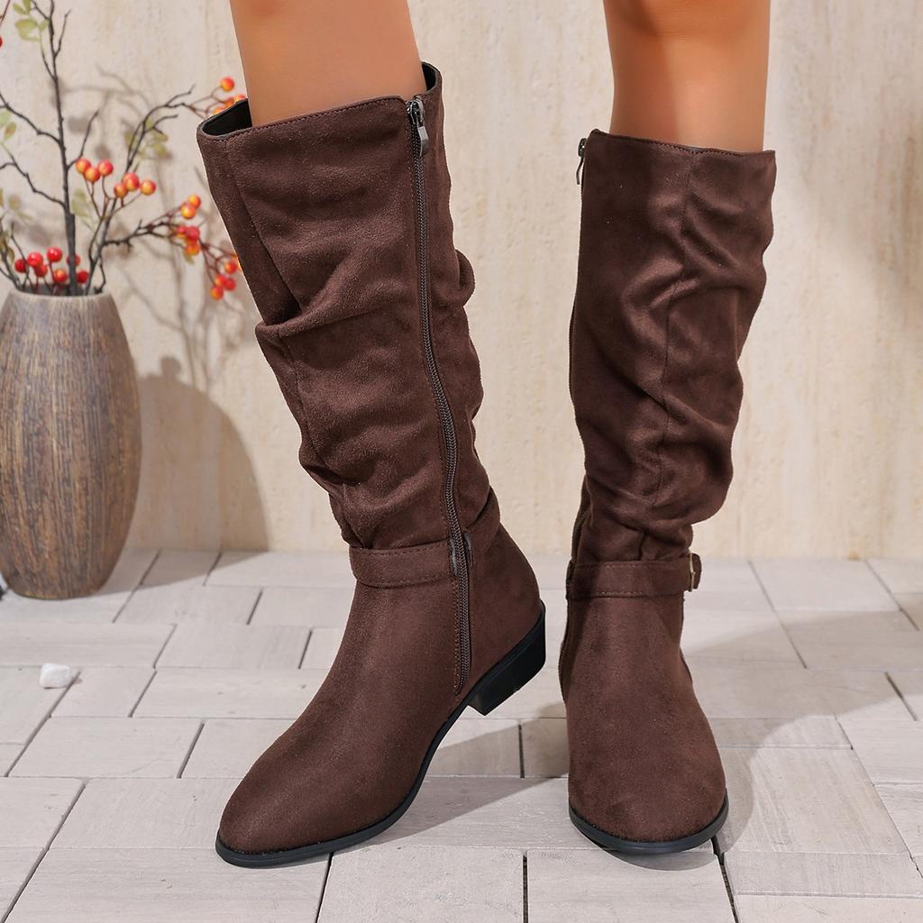 Women Knee High Boots Autumn Winter Female Shoes Fashion Female Slip-on Folds Low Heel Pointed Toe Long Boots Botas De Mujer 983