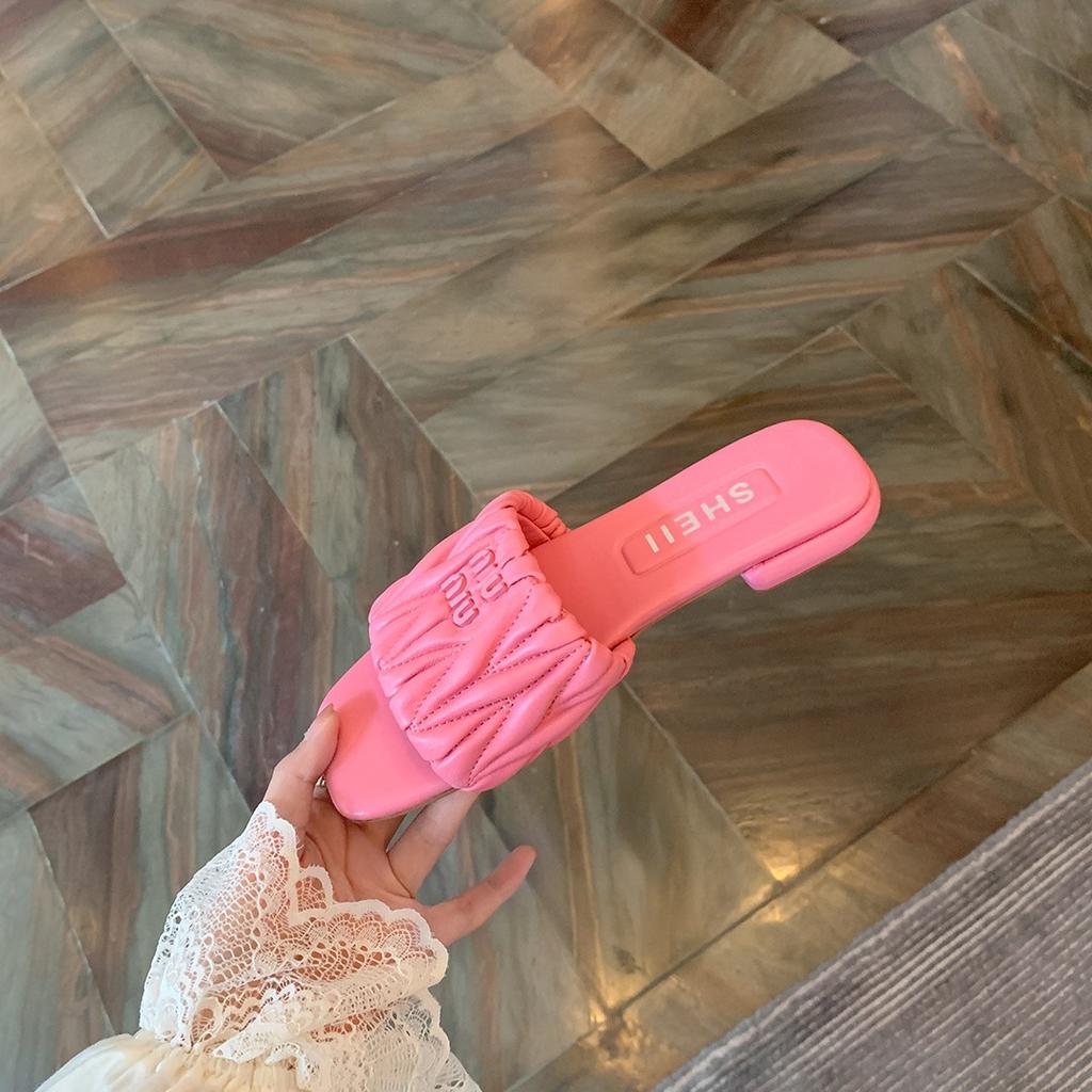 Punkt zweites Haar! Mode vielseitig neu A MIU home plissierte quadratische Zehenpartie Ein-Wort-Slipper flache Absätze Sandalen Damen Oberbekleidung