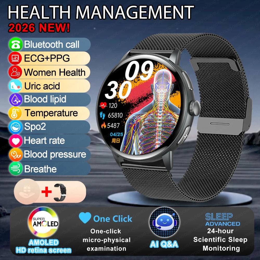 2025 New ECG Uric Acid Smart Watch Blood Component Temperature Heart Rate Stress Al Q&A Bluetooth Call Health Monitor Smartwatch