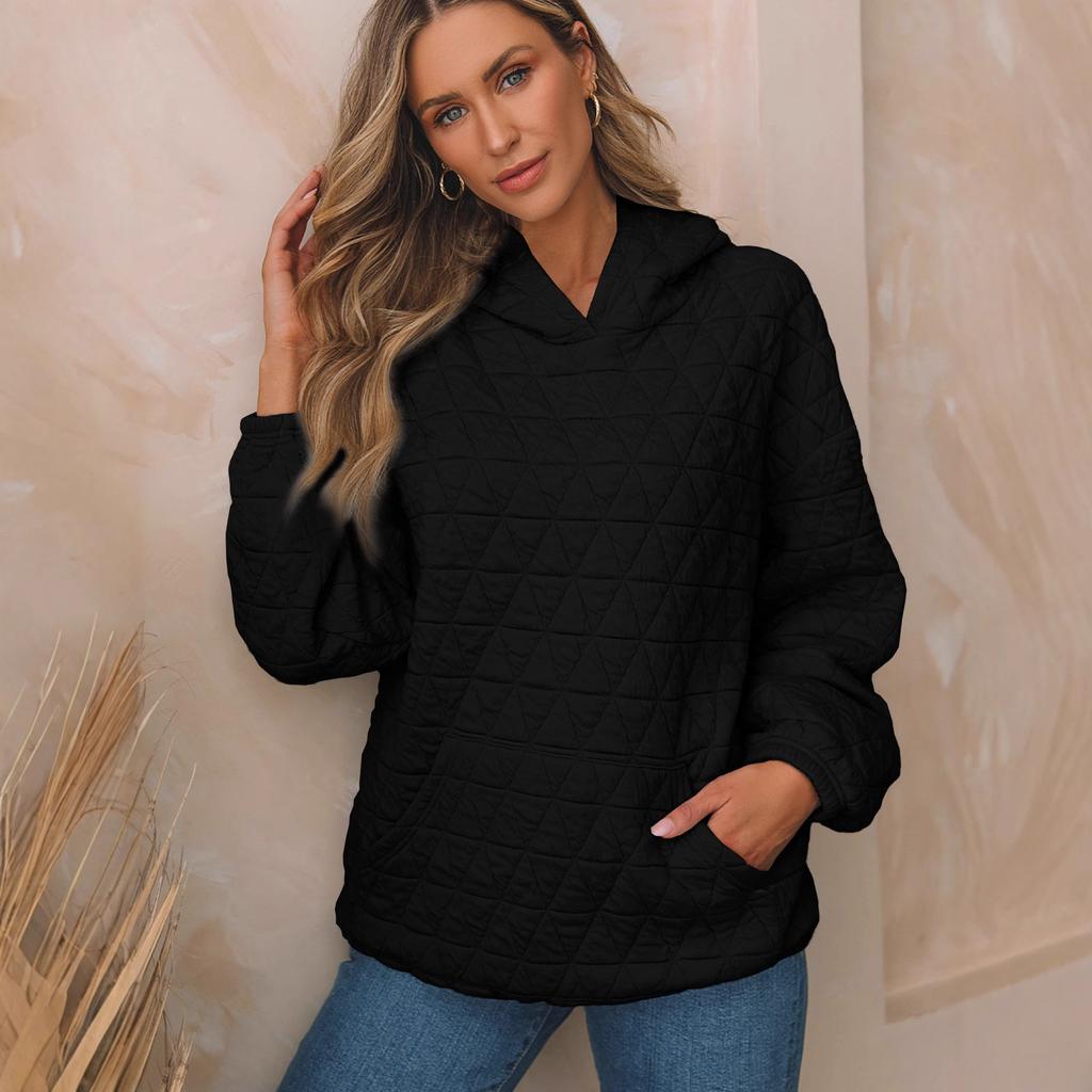 Women Solid Triangle Quilted Hoodie Loose Long Sleeve Front Pocket Pullover Sweatshirt S-5XL Fall Winter Casual Top