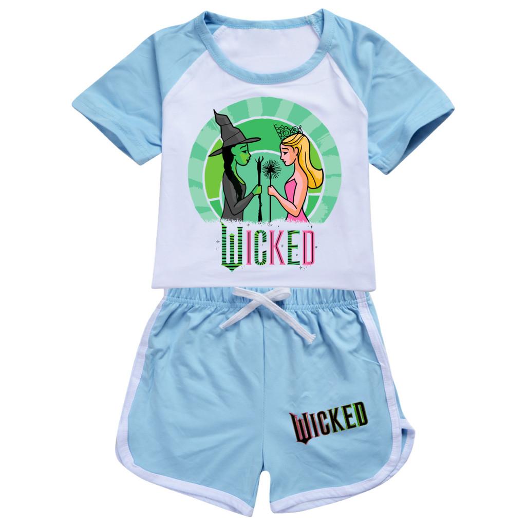 Kids Girls Witch Print Short Sleeves T-Shirt Shorts Pants Sport Clothes Set