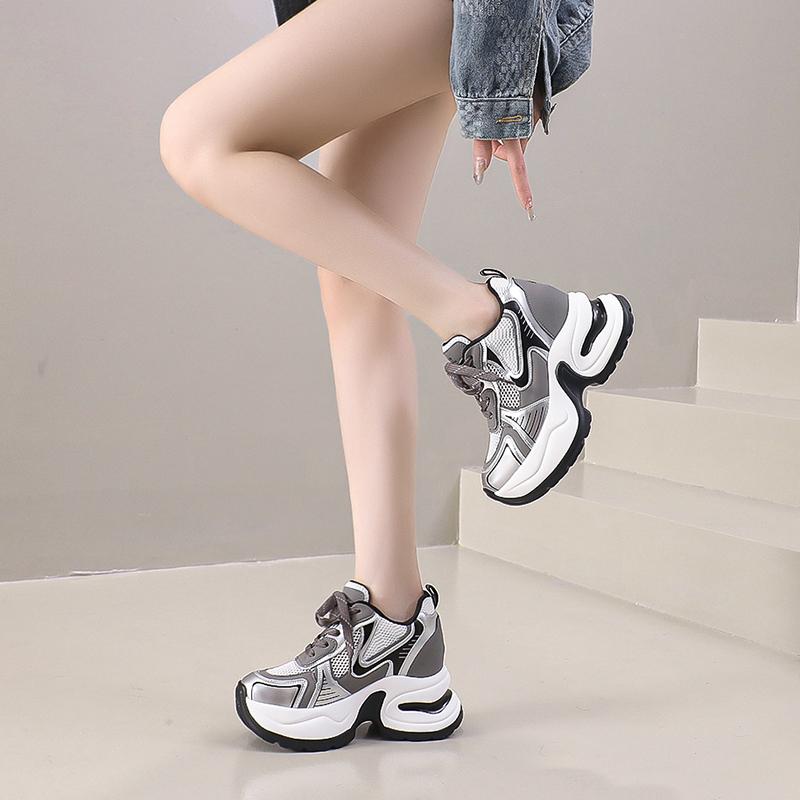 Fashion High Platform Casual Lace-up Sneakers for Women 2025 Fashion Designer Lightweight Breath Mesh Leather Thick Heel Sport Dad Shoes