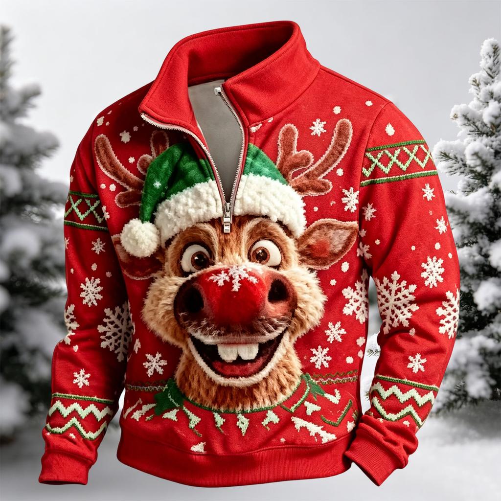 Men's Casual Christmas Zip Up Long Sleeve Sweatshirt with Stand Collar