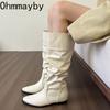 Cosy Soft Leather Women Knee High Boots Fashion Slip On Long Booties Street Style Winter Low Heel Shoes  De Mujer