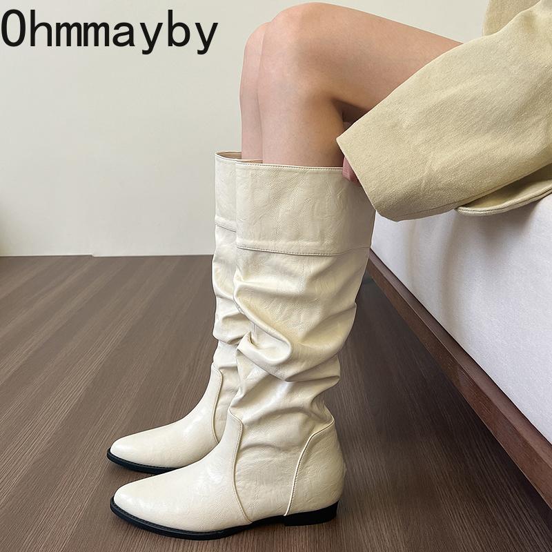 Cosy Soft Leather Women Knee High Boots Fashion Slip On Long Booties Street Style Winter Low Heel Shoes  De Mujer
