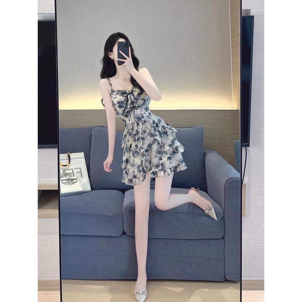 

Сладкое и пикантное цветочное платье-сарафан для женского лета, маленькое платье с талией и тонкой пышной юбкой-тортом XL- (recommended 110-60kg) чёрный