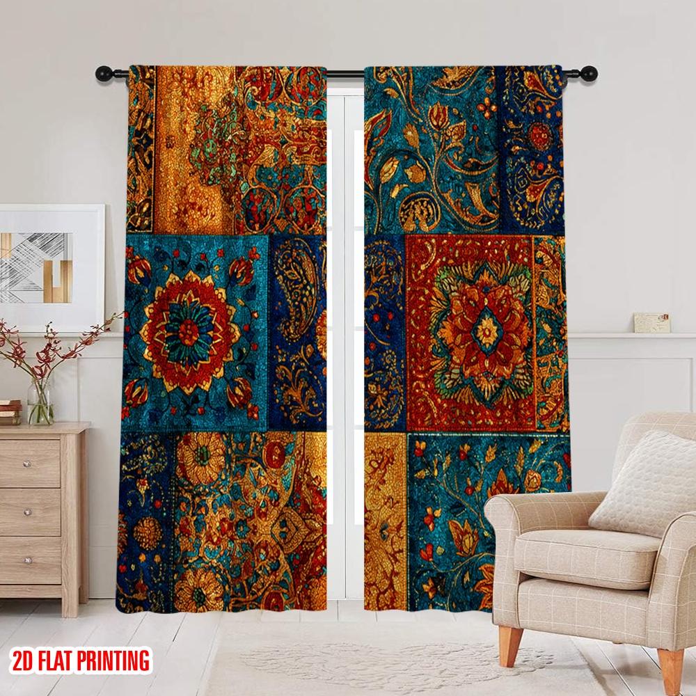 2D Flat Printing 2pcs Window Curtains Bohemian Patchwork Polyester Without Electricity Holiday Decorations Use for New Year