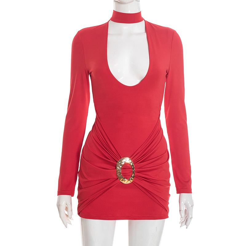 

Winter Deep V-neck Long Sleeve Dress with Metal Ring Detail S