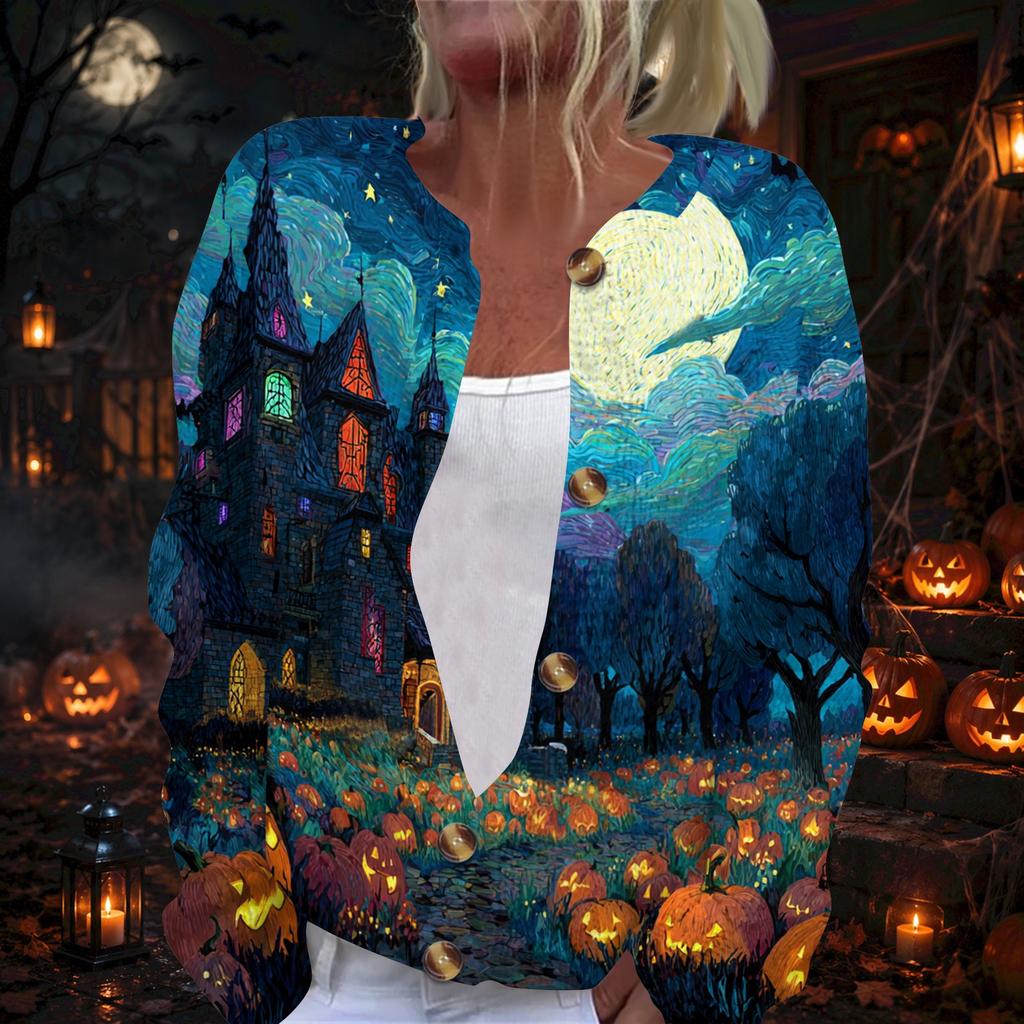 Dámský podzimní svetr s dlouhým rukávem, halloweenským potiskem a zapínáním na knoflíky pro sváteční nošení