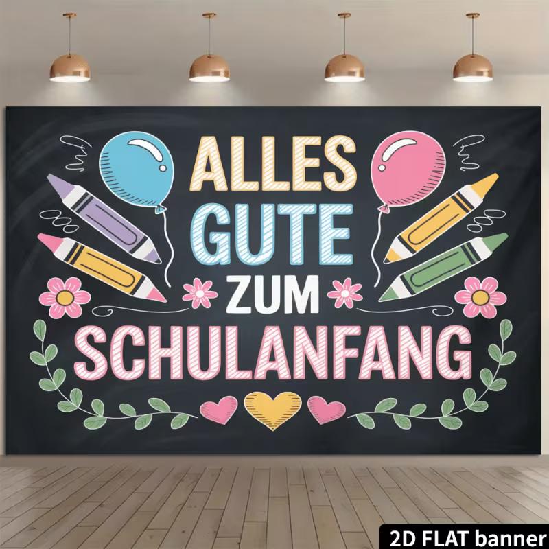2D Alles Gute zum Schulanfang Backdrop, Chalkboard Style First Day of School Photography Background