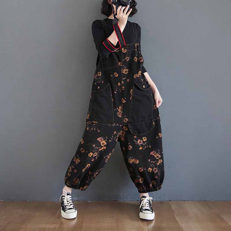 Salopette in denim stampato da donna, tuta, jeans larghi, pantaloni, tuta, casual, larghi, vintage, taglie forti