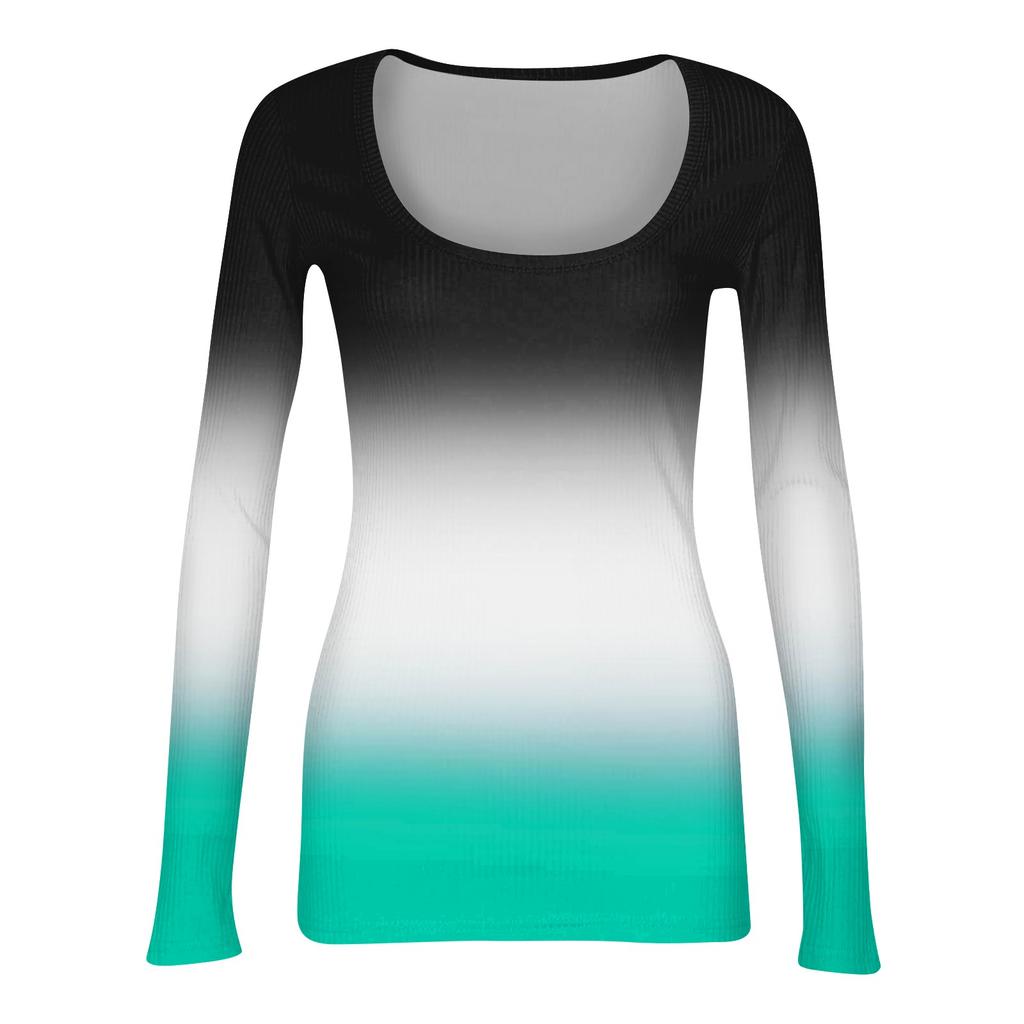 Women's And Winter Slim Fit Base T-shirt Fashionable Casual Gradient Regular Print U-neck Pullover Long Sleeved Top
