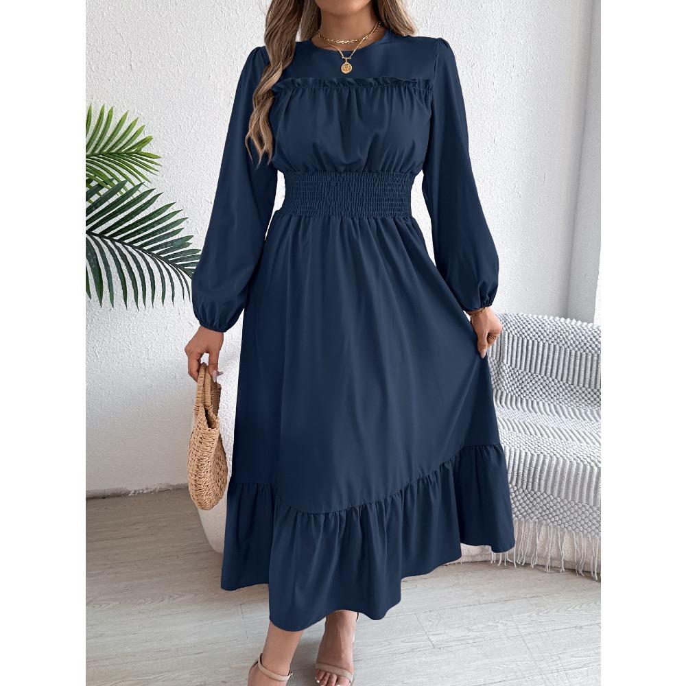 Elegant Solid-color, Black Ear-trimmed, Waist-cinched Pleated Long Dress for Women In Autumn and Winter