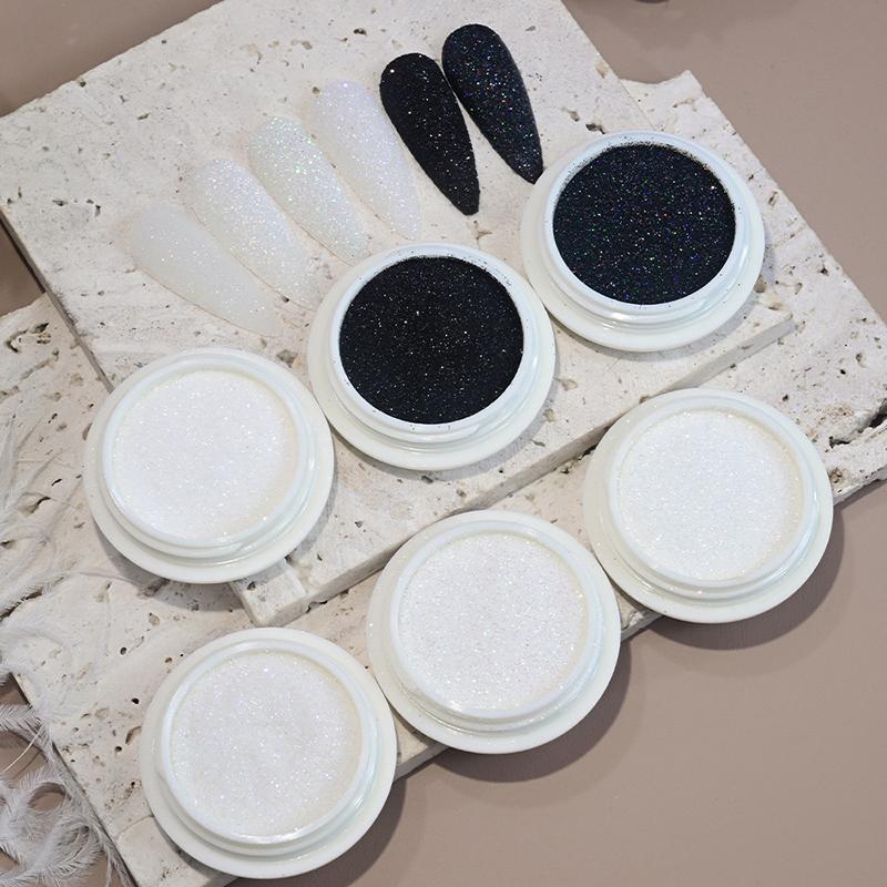 6 Pcs Nail Polish Glitter Fine Sand Holographic Glitter Powder Black White Reflective Pigment Flakes Powder Manicure Accessories