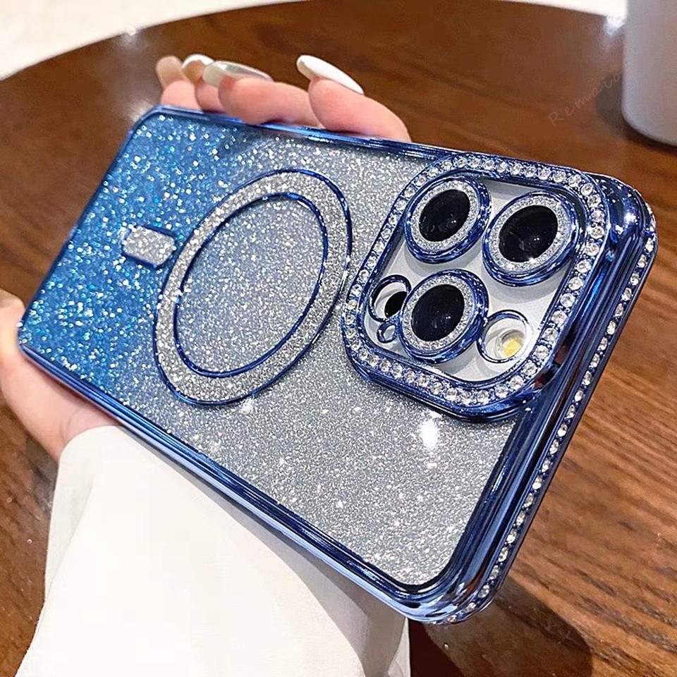 Bling Glitter Diamond Magnetic Case For iPhone 17 Air 16E 16 15 14 Plus 13 11 12 16 17 Pro Max Transparent Protector Cover