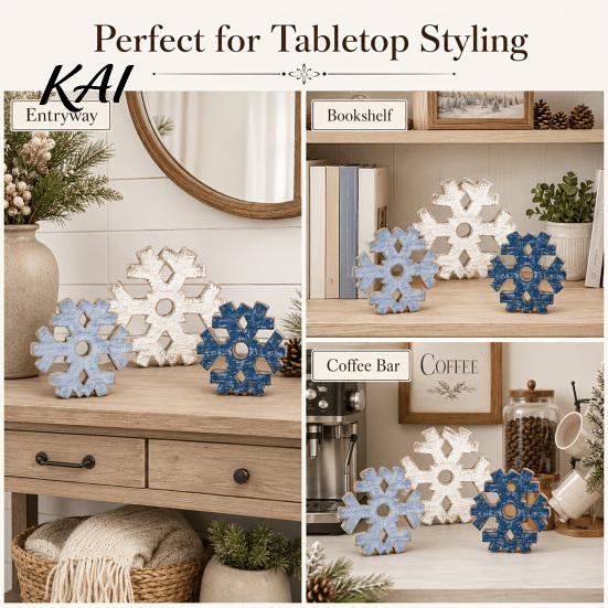 Christmas Tiered Tray Decorations 3 Pcs Snowflake Wooden Signs, Rustic Farmhouse Table Decoration, Winter Standing Snowflakes Set Block Sign
