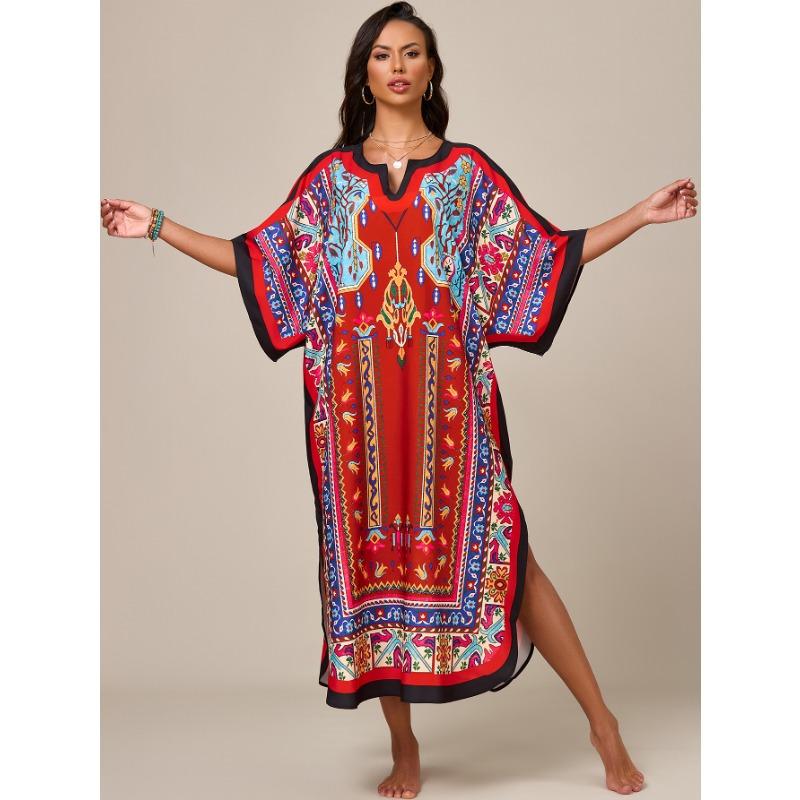 Strandbluse Bedruckt Ethnischer Stil Lange Robe Übergröße Lockeres Überwurfkleid