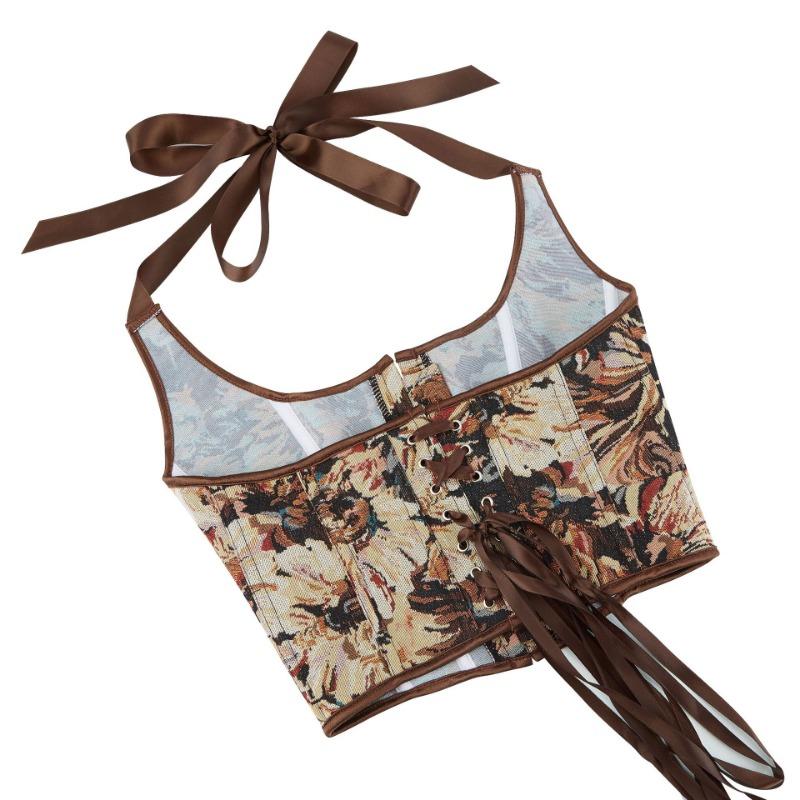 Vintage Kwiatowy Top Korsetowy na Szyję Zapięcie z Przodu Biustonosz Crop Top