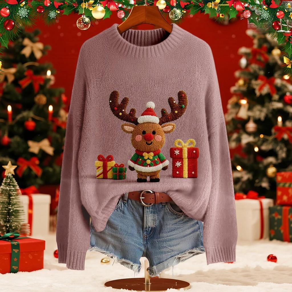 Women's Fashion Christmas Print Pullover Long-Sleeve  Neck Knit Sweater Top