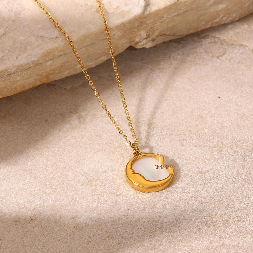 18K Gold Titanium Steel Women's Necklace with French White Mother-of-Pearl Star, Moon, and Round Pendant.