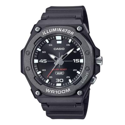 Reloj de cuarzo analógico estándar con correa de resina y esfera negra MW-620H-1AV 100M para hombre