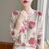 Spring Summer Lyocell Water-Soluble Wool Blended Round Neck Knit Cardigan Long Sleeve Sweater Printed Top