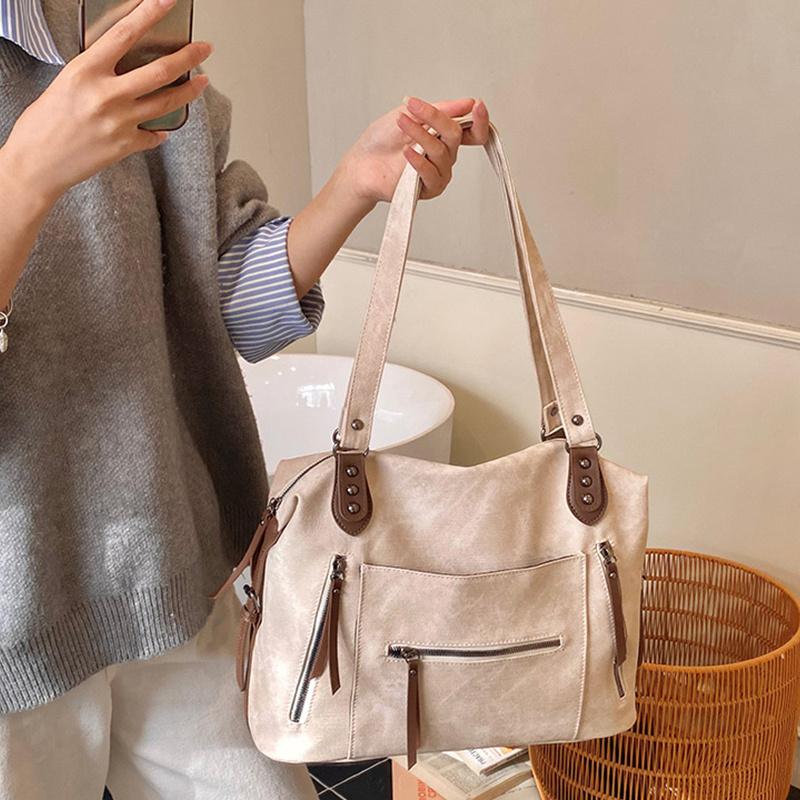 Yogodlns Zipper Tote Bag Solid Color PU Leather Large Capacity Shoulder Bag Minimalist Style Shoulder Bag for Women Daily Commute Use