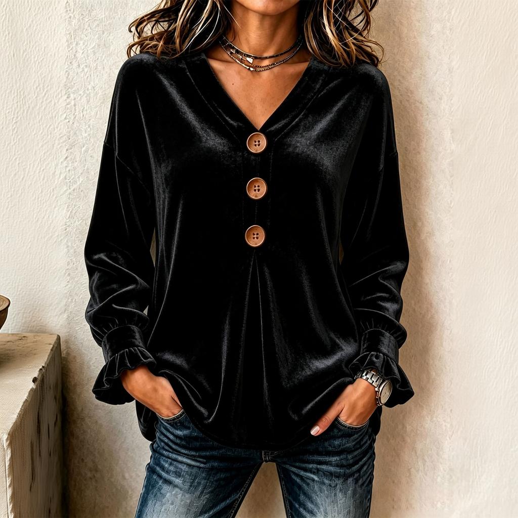 Women's Velvet V-Neck Long Sleeve Top Casual Loose Fit Color Blouse