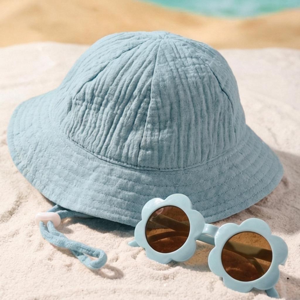 

2Pcs Muslin Baby Summer Hat Sunglasses Set Kids Panama Sun Hats for Girls Boys Beach Travel Baby Cap Infant Bucket Hats 0-2Y 0-2Y синій