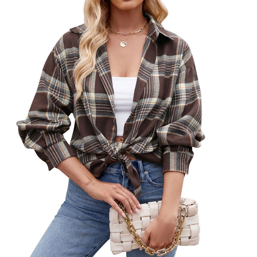 Spring and Autumn Women's Casual Fashion Street Loose Plaid Long Sleeve Shirt