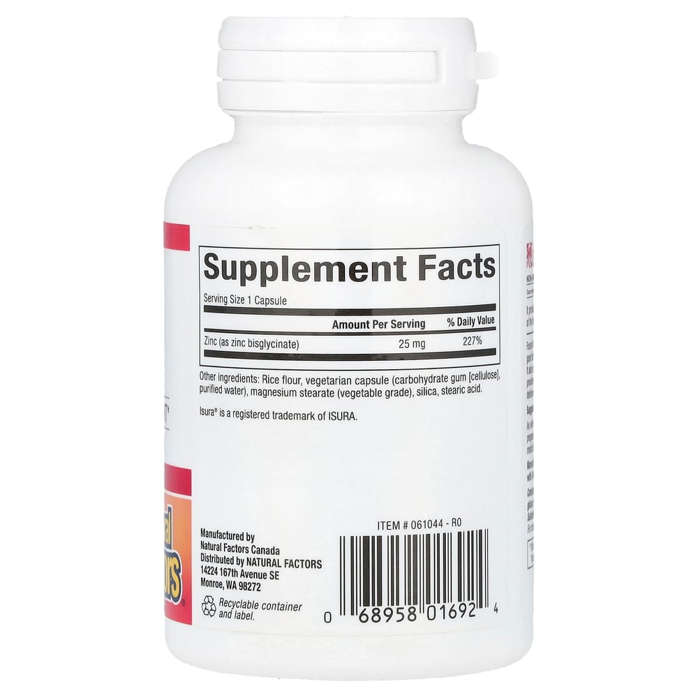 Natural Factors Zinc Bisglycinate 25mg Veggie Capsules, 60 Count